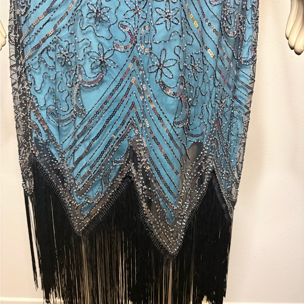 Teal & Black Sequin Embellished Fringed Flapper Gatsby Dress Size 3XL - Picture 5 of 8